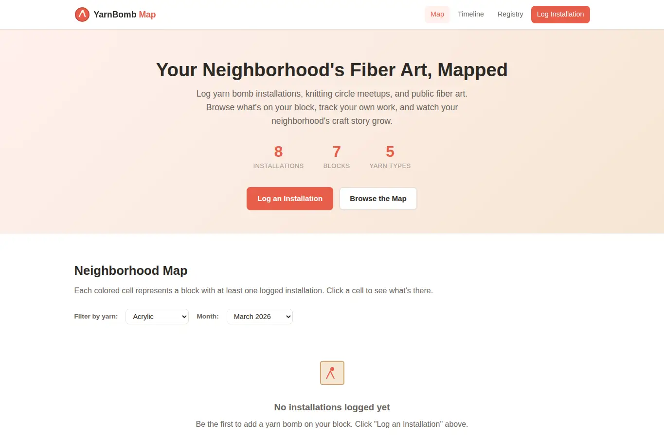 Screenshot of YarnBomb Map: Neighborhood Fiber Art Registry interface showing the project page in use